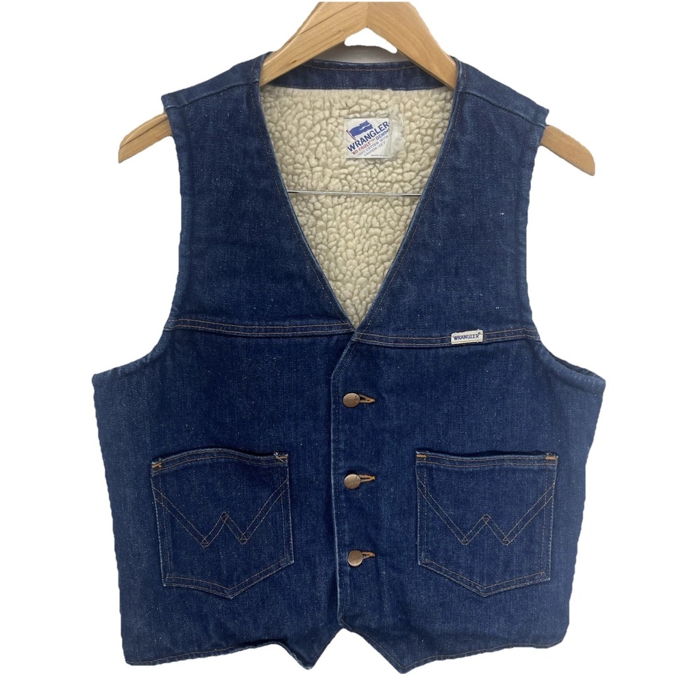 Vintage 70's Wrangler No Fault Denims Vest Sherpa Lined 100% Cotton Men Small
